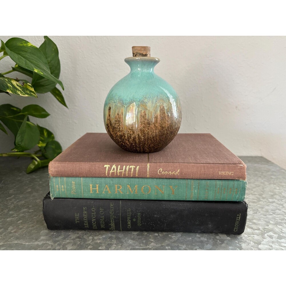 Vintage Vase Drip Glaze Heavy Cork top Sky Blue & Brown Studio Pottery